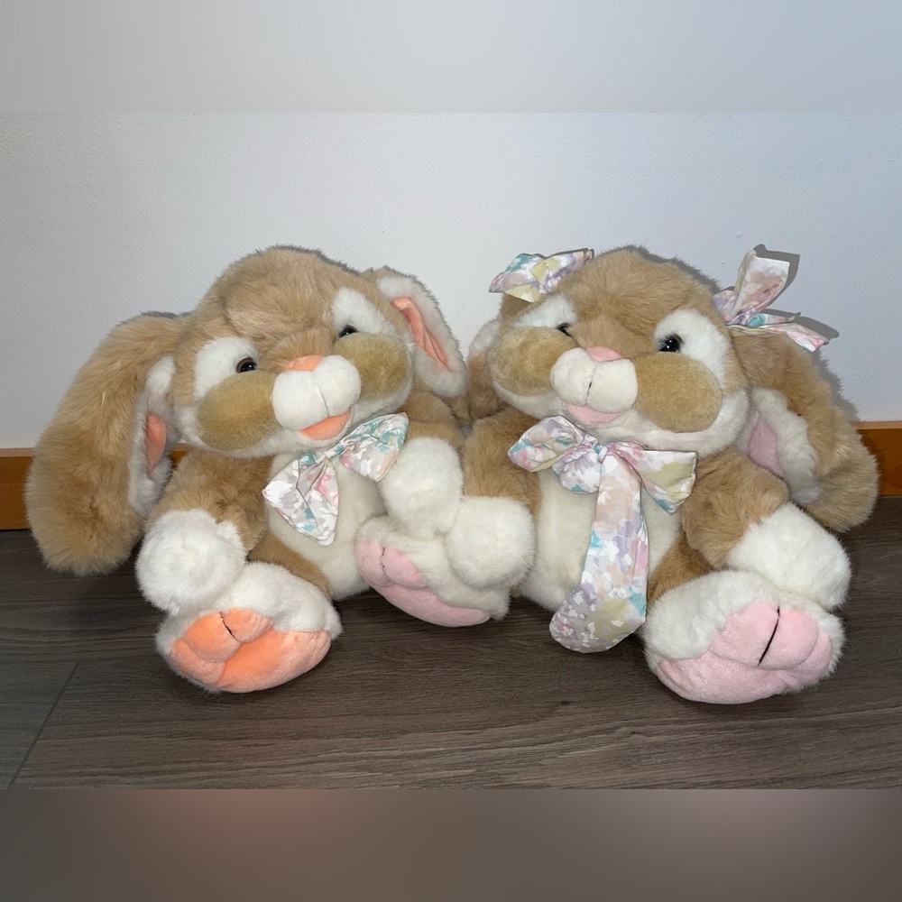 Lot Of 2 Commonwealth Easter Bunny Plush @13"x13” Stuffed Rabbit Floral Bow VTG